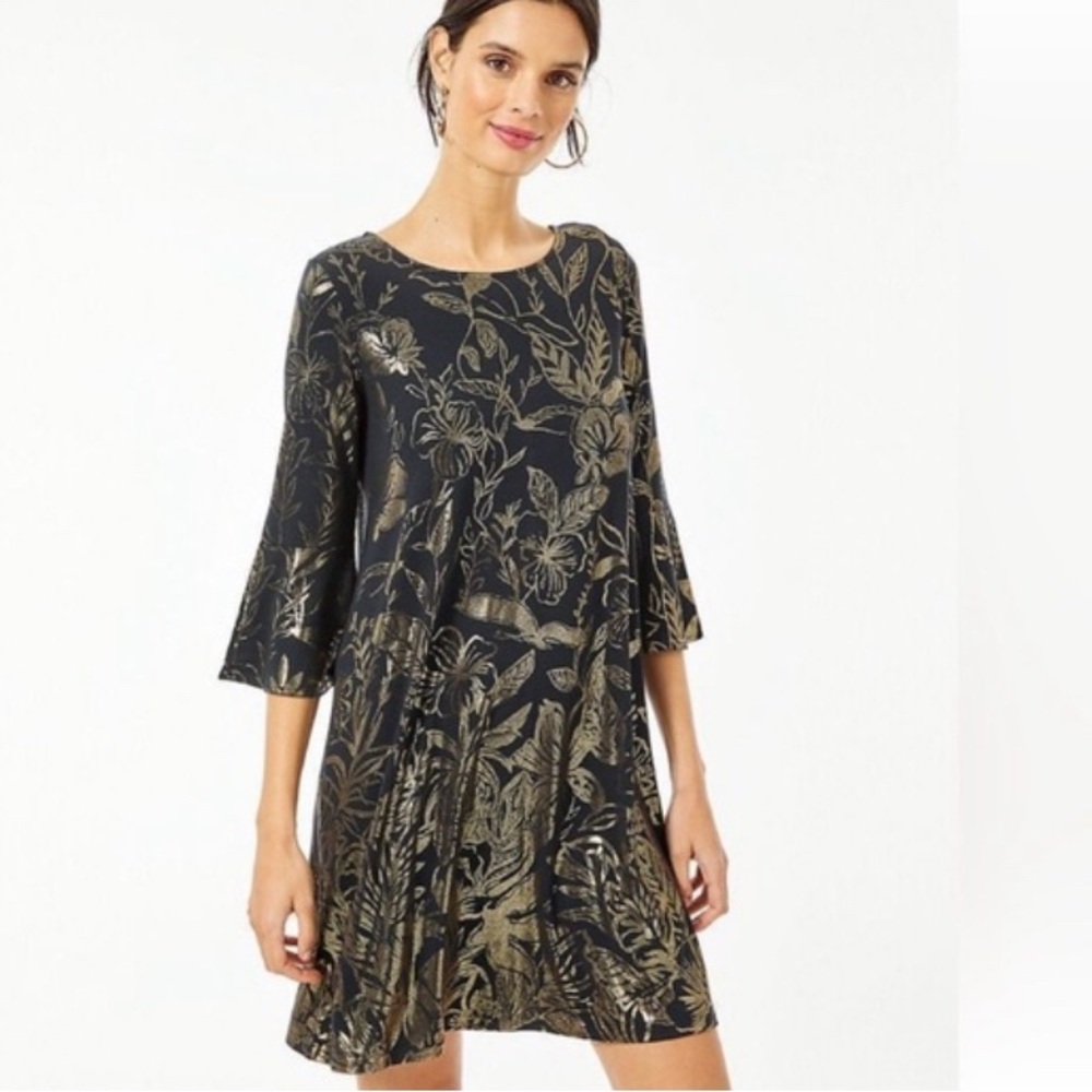 Women’s Lily Pulitzer Ophelia Dress In Black/Metallic Gold Kiskadee Villa Print